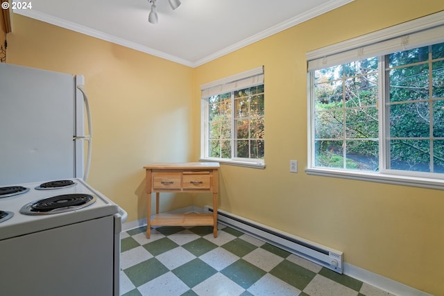 kitchen featuring white appliances, crown molding, and a baseboard heating unit