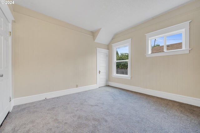 carpeted spare room featuring lofted ceiling