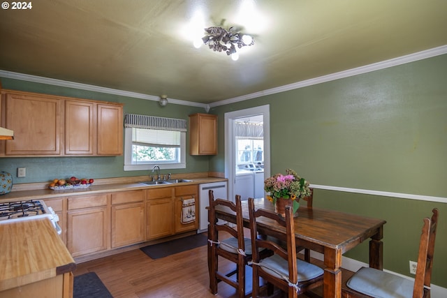 kitchen with white appliances, ornamental molding, dark wood-type flooring, washer and dryer, and a sink