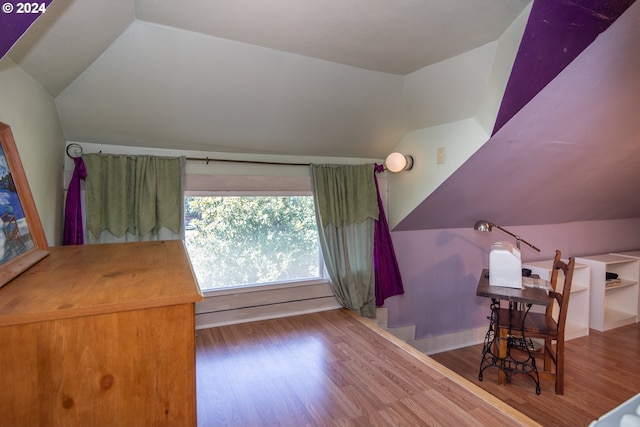 office area featuring lofted ceiling and hardwood / wood-style flooring