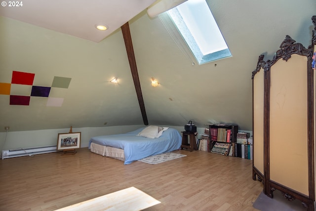 bedroom with a baseboard radiator, light hardwood / wood-style floors, beamed ceiling, and a skylight