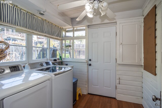 laundry area with wood walls, wooden ceiling, hardwood / wood-style floors, washer and dryer, and ceiling fan