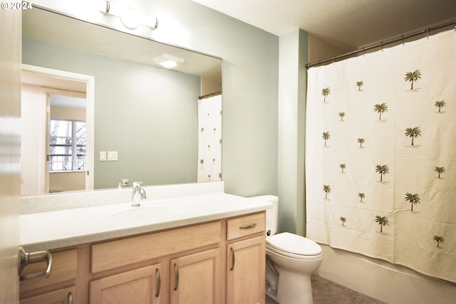 full bathroom with toilet, vanity, and shower / tub combo with curtain