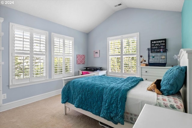 carpeted bedroom featuring lofted ceiling