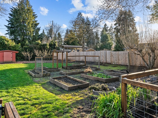 view of yard with an outbuilding, a storage shed, a vegetable garden, and fence