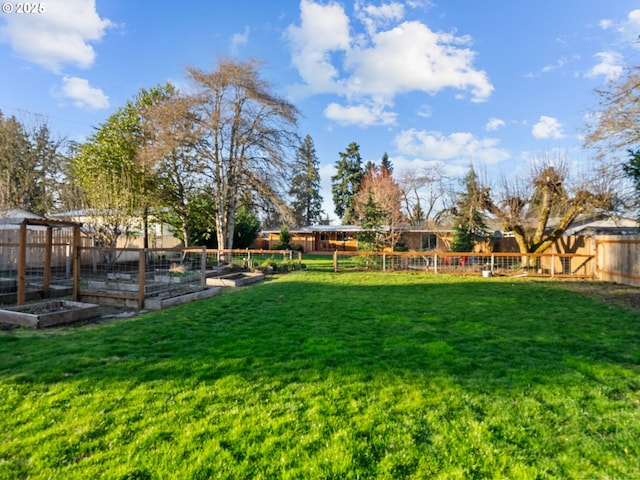 view of yard featuring a fenced backyard and a garden