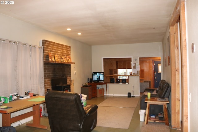 living room with a wood stove