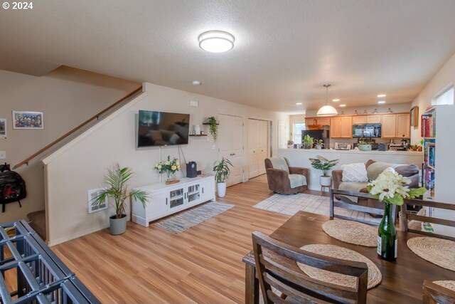 living room with a textured ceiling, plenty of natural light, and light wood-type flooring