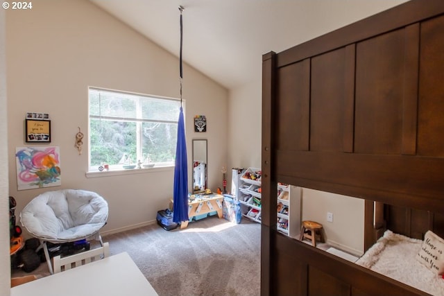 bedroom featuring lofted ceiling and carpet flooring