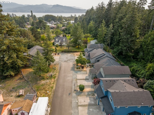 aerial view featuring a water and mountain view