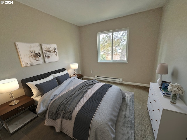 carpeted bedroom with a baseboard heating unit