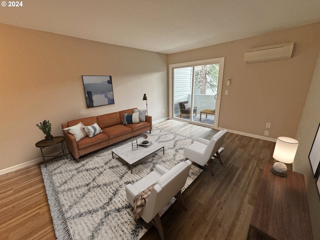 living room with an AC wall unit and dark wood-type flooring