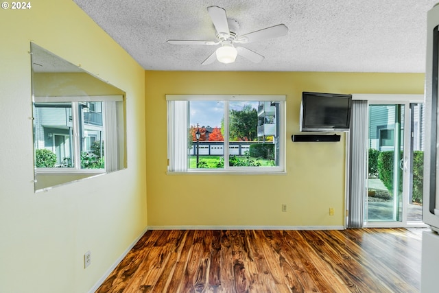 empty room featuring a wealth of natural light, a textured ceiling, and dark hardwood / wood-style floors