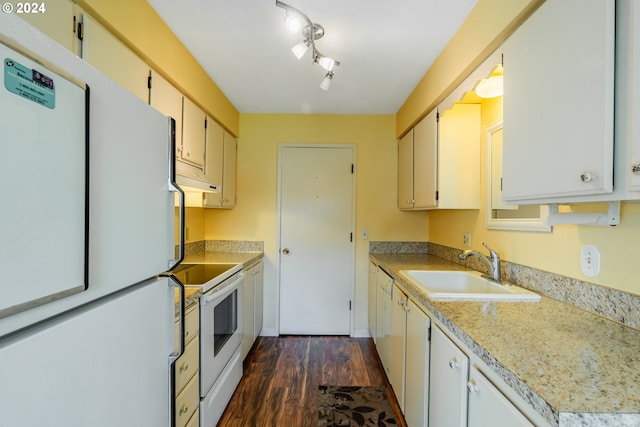 kitchen with white cabinetry, sink, dark wood-type flooring, and white appliances