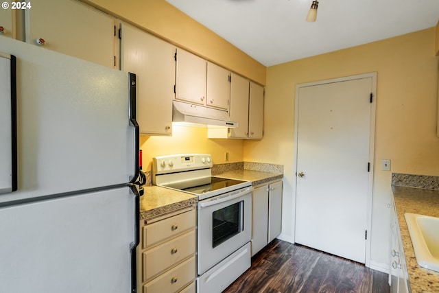 kitchen with dark hardwood / wood-style floors, sink, and white appliances