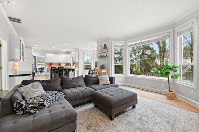 living room with light hardwood / wood-style flooring and ornamental molding