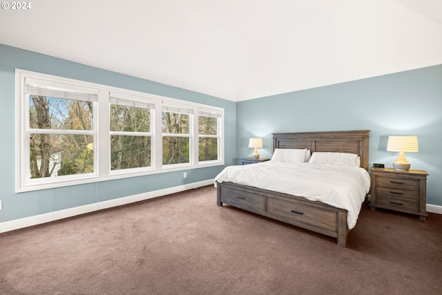 bedroom with dark carpet, lofted ceiling, and multiple windows