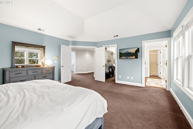 bedroom featuring a walk in closet, a closet, dark carpet, and vaulted ceiling