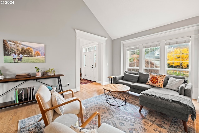 living room with light hardwood / wood-style floors and high vaulted ceiling