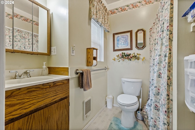 30274 Peoria Rd, Shedd, OR 97377 - bathroom featuring heating unit, vanity, toilet, baseboards, and curtained shower