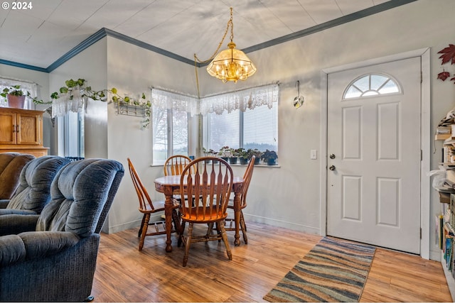 30274 Peoria Rd, Shedd, OR 97377 - dining area featuring a chandelier, crown molding, light wood finished floors, and baseboards
