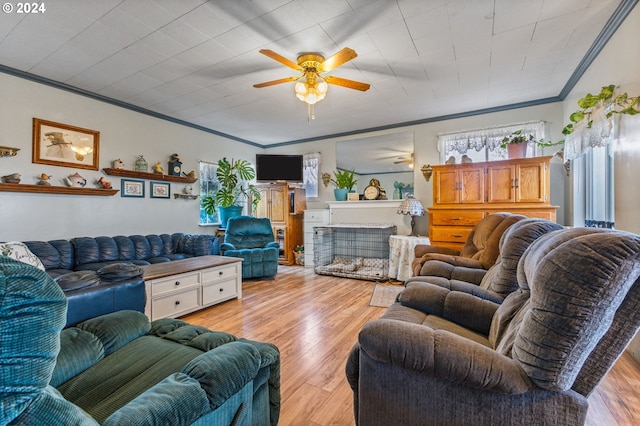 30274 Peoria Rd, Shedd, OR 97377 - living area featuring ornamental molding, ceiling fan, and light wood-type flooring