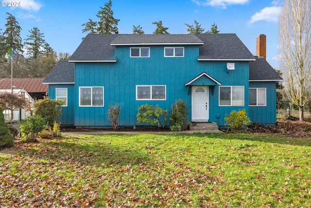 30274 Peoria Rd, Shedd, OR 97377 - view of front of house featuring a shingled roof, a chimney, and a front yard
