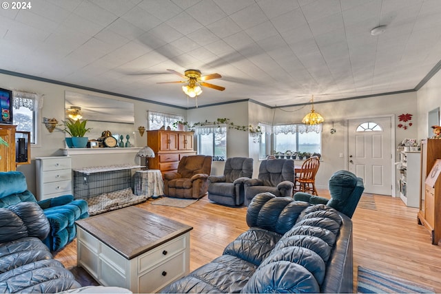 30274 Peoria Rd, Shedd, OR 97377 - living room featuring ornamental molding, light wood finished floors, and a ceiling fan