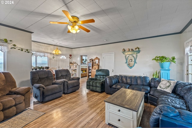 30274 Peoria Rd, Shedd, OR 97377 - living area with ornamental molding, light wood-style flooring, and ceiling fan