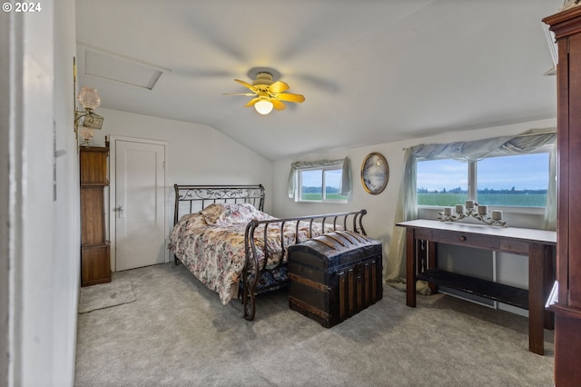30274 Peoria Rd, Shedd, OR 97377 - bedroom featuring lofted ceiling, carpet flooring, attic access, and ceiling fan