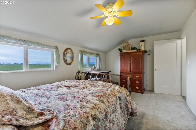 30274 Peoria Rd, Shedd, OR 97377 - bedroom with light carpet, vaulted ceiling, and ceiling fan