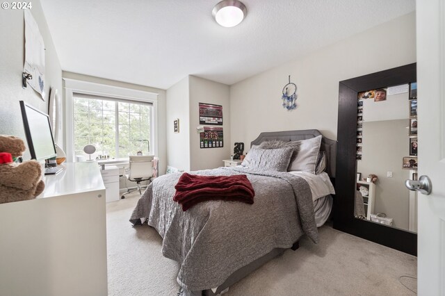 bedroom featuring light colored carpet