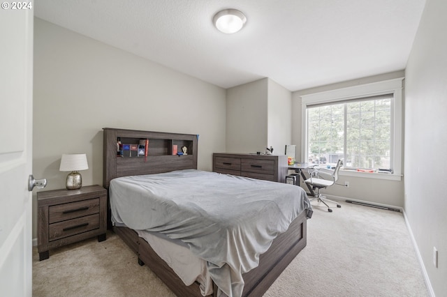 bedroom with light carpet