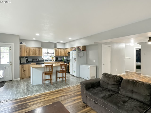 living room featuring ceiling fan, a healthy amount of sunlight, and light wood-type flooring