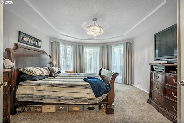 bedroom with light colored carpet, a tray ceiling, multiple windows, and a textured ceiling