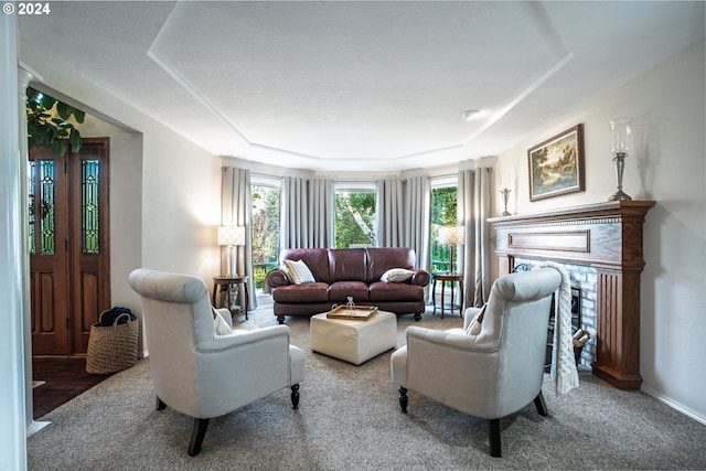 living room featuring carpet, a fireplace, and a raised ceiling