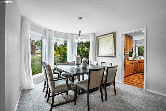 dining room with a textured ceiling, light colored carpet, and an inviting chandelier