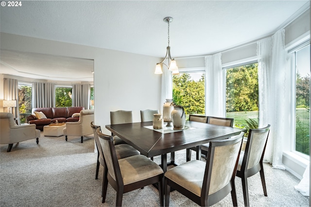 dining space with light carpet, a textured ceiling, and a wealth of natural light