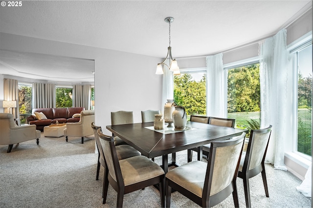 dining room featuring a textured ceiling and light colored carpet