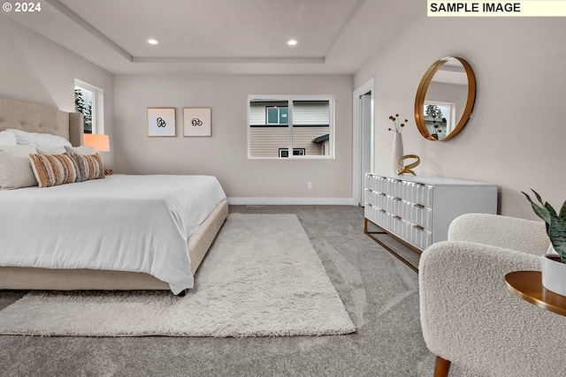 bedroom with light carpet and a tray ceiling