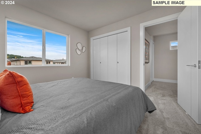 carpeted bedroom with a closet