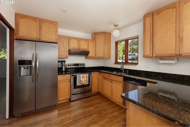 kitchen with stainless steel appliances, light brown cabinetry, dark hardwood / wood-style flooring, dark stone counters, and sink