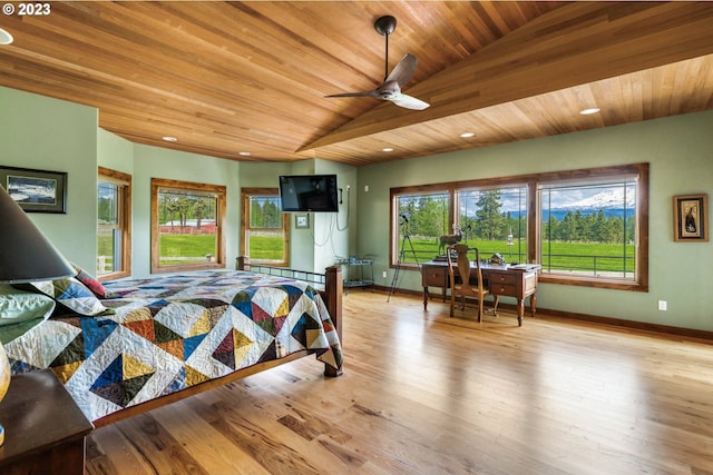 bedroom with wooden ceiling, ceiling fan, and light hardwood / wood-style flooring