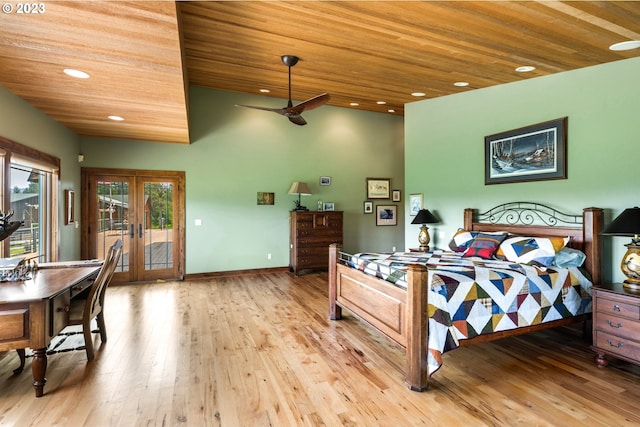 bedroom with access to outside, light hardwood / wood-style flooring, wood ceiling, and french doors