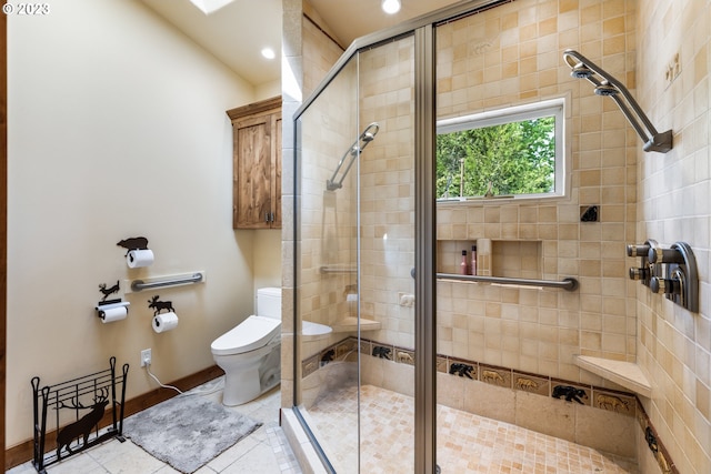 bathroom with an enclosed shower, toilet, and tile flooring