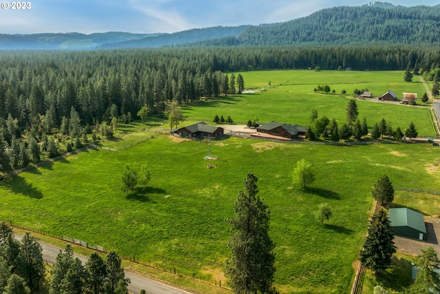 drone / aerial view featuring a mountain view and a rural view