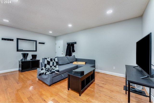 living room with a textured ceiling and light hardwood / wood-style floors