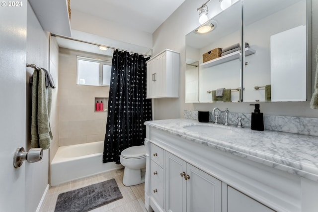 full bathroom featuring shower / tub combo, toilet, tile floors, and oversized vanity