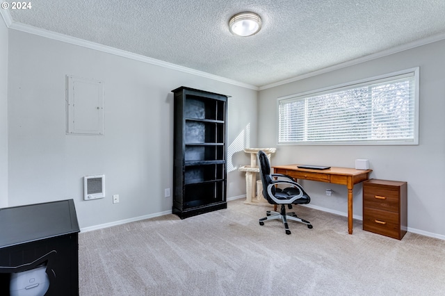 office area featuring light colored carpet, ornamental molding, and a textured ceiling