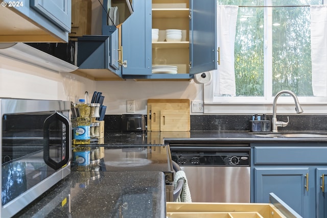 kitchen with blue cabinetry, appliances with stainless steel finishes, and sink